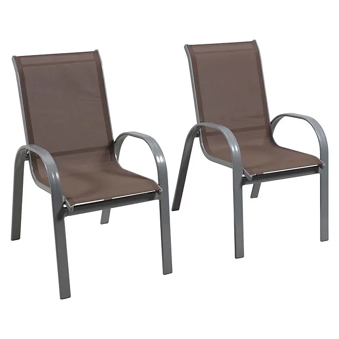 Merxx Gartenstuhl-Set Amalfi taupe - 2 Stk., Aluminium/Textil, Stapelbar, silber/taupe - Zwei braune Mesh-Terrassenstühle mit grauen Metallrahmen.