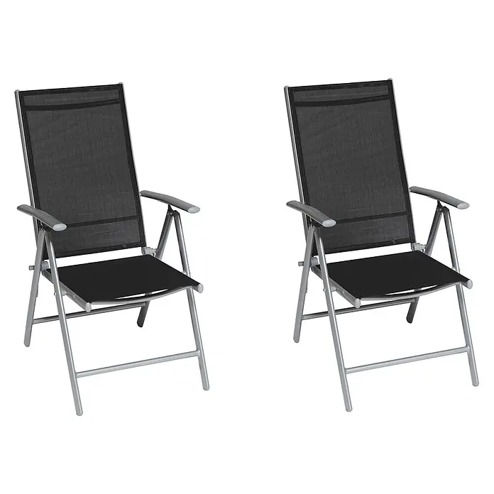 Merxx Gartenstuhl-Set Amalfi schwarz - 2 Stk., Aluminium/Textil, Klappbar, Silber/schwarz, B x T x H: 57 x 65 x 108 cm - Zwei schwarze Klappstühle aus Netzstoff mit silbergrauem Gestell und Armlehnen.