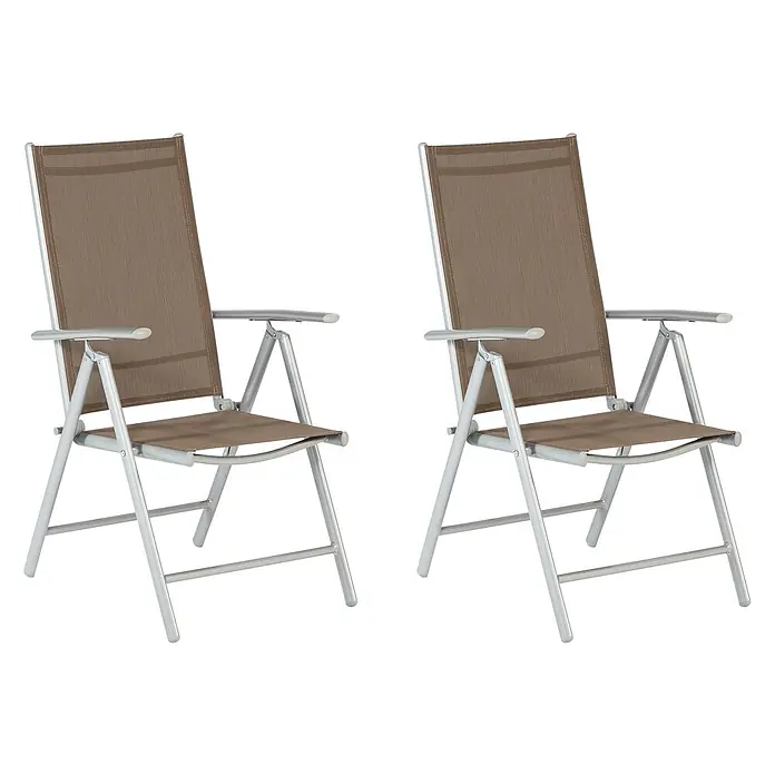 Merxx Gartenstuhl-Set Amalfi taupe - 2 Stk., Aluminium/Textil, Klappbar, silber/taupe, B x T x H: 57 x 65 x 108 cm - Zwei braune Textilene-Klappstühle mit silbernen Aluminiumrahmen.