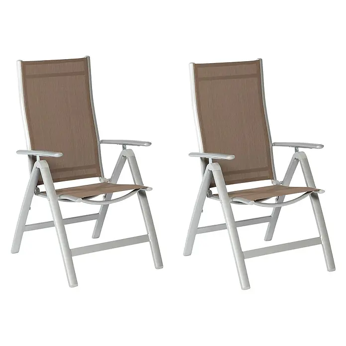 Merxx Gartenstuhl-Set Carrara taupe - 2 Stk., Aluminium/Textil, Klappbar, silber/taupe - Zwei braune Textilfaser-Klappstühle mit silbernen Aluminiumrahmen.