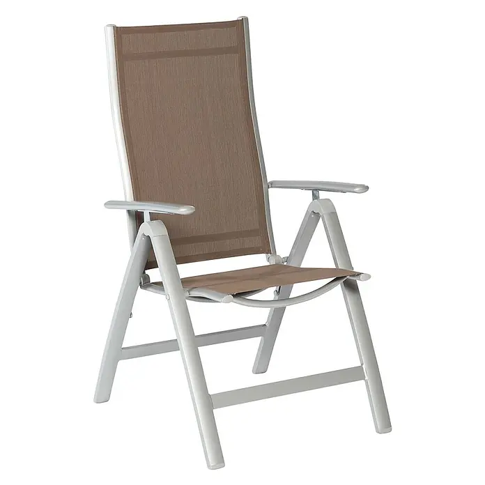 Merxx Gartenstuhl-Set Carrara taupe - 2 Stk., Aluminium/Textil, Klappbar, silber/taupe - Klappstuhl mit silbernem Aluminiumgestell und brauner Textilene-Sitzfläche und Rückenlehne.