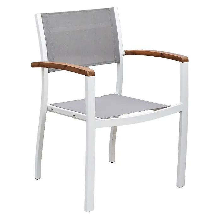 Merxx Gartenstuhl-Set Naxos weiß - 2 Stk., Aluminium/Akazie/Textil, Stapelbar, weiß/grau/natur, B x T x H: 59 x 56 x 85 cm - Weißer Terrassenstuhl mit grauem Netzstoff und Holzarmlehnen.
