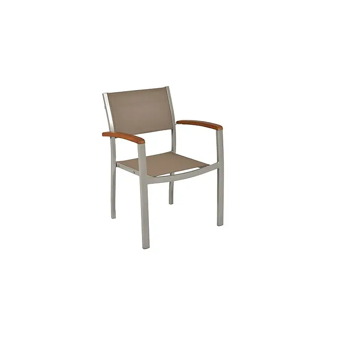 Merxx Gartenstuhl-Set Naxos taupe - 2 Stk., Aluminium/Akazie/Textil, Stapelbar, silber/grau/natur - Stapelbarer Outdoor-Stuhl mit silbernem Metallrahmen, taupefarbener Stoffbespannung und Holzarmlehnen.