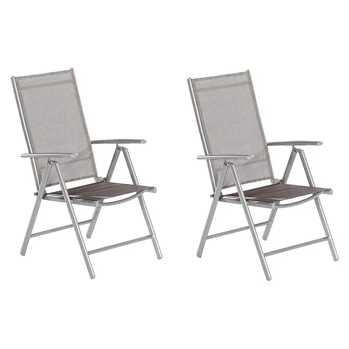 Merxx Gartenstuhl-Set Amalfi diamant - 2 Stk., Aluminium/Textil, Klappbar, silber/diamantbraun, B x T x H: 57 x 65 x 108 cm - Zwei silberne Klapp-Gartenstühle mit grauem Netzstoff.