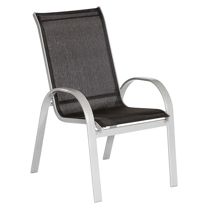Merxx Gartenstuhl-Set Amalfi schwarz - 2 Stk., Aluminium/Textil, Stapelbar, Silber/schwarz - Moderner Outdoor-Stuhl mit hellgrauem Aluminiumrahmen und schwarzer Netzbespannung für Sitz und Rückenlehne, mit Armlehnen.