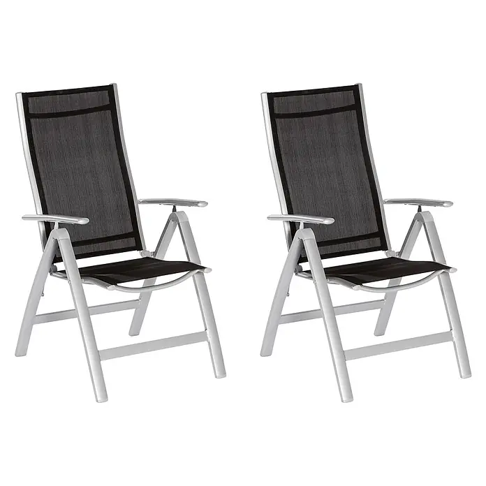 Merxx Gartenstuhl-Set Carrara schwarz - 2 Stk., Aluminium/Textil, Klappbar, silber/schwarz, B x T x H: 60 x 70 x 108 cm - Zwei klappbare Stühle mit silbernem Rahmen und schwarzer Netzlehne und Sitzfläche.