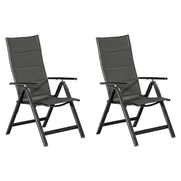 Merxx Gartenstuhl-Set Taviano graphit - 2 Stk., Aluminium/Textil, Klappbar, graphit/grau, B x T x H: 59 x 73 x 109 cm - Zwei dunkelgraue Gartenklappstühle mit Metallrahmen und Netzgewebe.