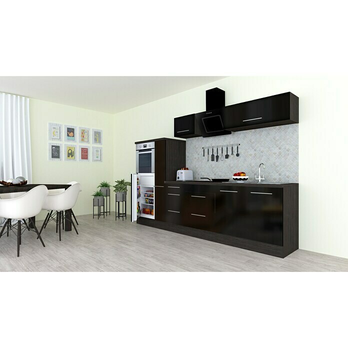 Respekta Premium Composición de cocina (Ancho: 300 cm, Con dispositivos eléctricos, Negro de alto brillo)