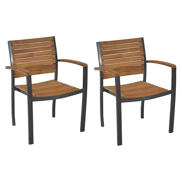 Merxx Gartenstuhl-Set Santorin - 2 Stk., Aluminium/Akazie, Stapelbar, graphit/natur - Zwei Stühle mit braunen Holzlatten für Sitz und Rückenlehne und einem dunkelgrauen Metallrahmen mit Armlehnen.