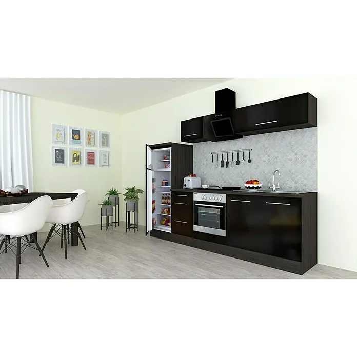 Respekta Premium Küchenzeile RP270ESCBO - Breite: 270 cm, Schwarz, Mit Elektrogeräten - Kücheninterieur mit dunkler Küchenzeile, Kühlschrank und Essbereich. Moderne Gestaltung für kulinarische Erlebnisse.