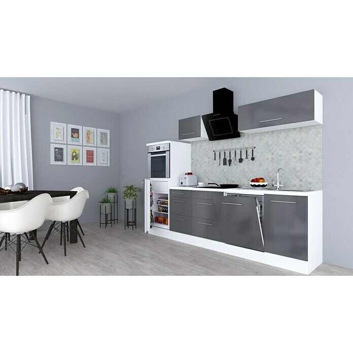 Respekta Premium Composición de cocina (Ancho: 280 cm, Con dispositivos eléctricos, Gris de alto brillo)