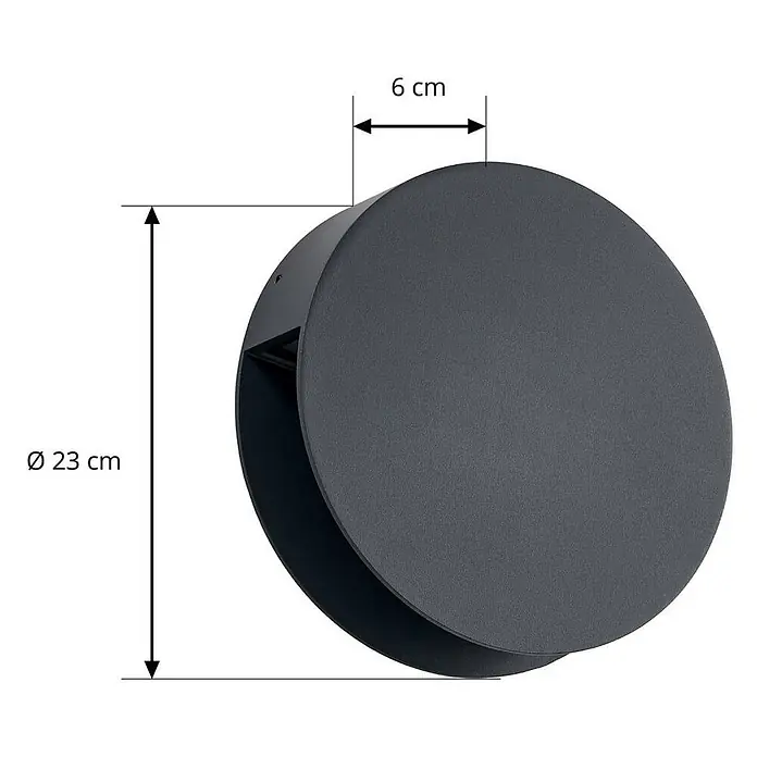 Lucande Außenwandleuchte Advero - 6 x 23 x 23 cm, schwarz, schwarz, IP54 - Dunkelgraue runde LED-Wandleuchte, 23 cm Durchmesser und 6 cm tief.