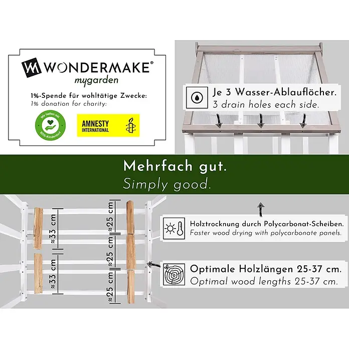 WONDERMAKE Kaminholzregal Depositio1 - 75 x 75 x 150 cm, Holz, Weiß|Grau - Hölzernes Frühbeet mit Polycarbonatplatten, mit Drainagelöchern und zum Holztrocknen, passend für Holzscheite von 25-37 cm.