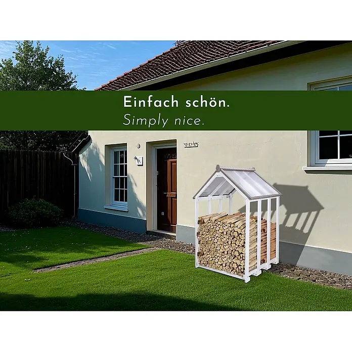 WONDERMAKE Kaminholzregal Depositio1 - 75 x 75 x 150 cm, Holz, Weiß|Grau - Weißes Brennholzregal für draußen mit transparentem Dach, gefüllt mit Holzscheiten.