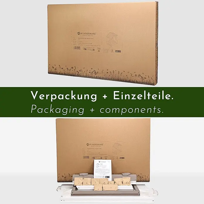 WONDERMAKE Kaminholzregal Depositio1 - 75 x 75 x 150 cm, Holz, Weiß|Grau - Braune Kartonverpackung für ein WONDERMAKE Kaminholzregal, daneben ausgepackte Holzbauteile und kleine beschriftete Beutel.