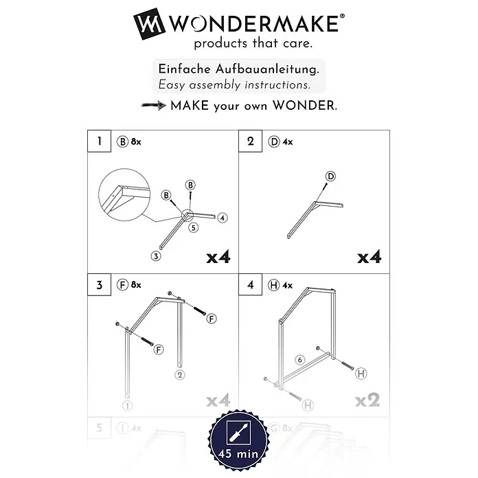 WONDERMAKE Kaminholzregal Depositio1 - 75 x 75 x 150 cm, Holz, Weiß|Grau - Schritt-für-Schritt-Montageanleitung für eine modulare Rahmenstruktur mit verschiedenen Bauteilen und geschätzter Aufbauzeit.