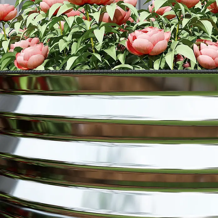 Outsunny Hochbeet - Stahl, Grau - Glänzender, geriffelter Metallpflanzkübel mit leuchtend rosa Blüten.