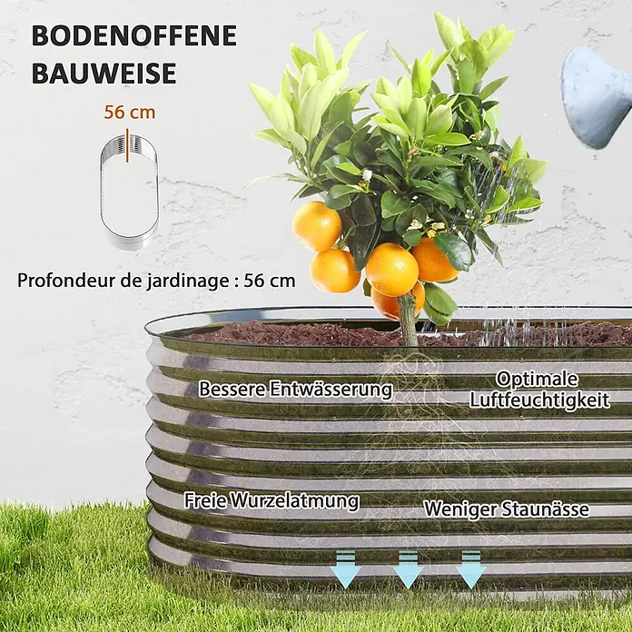 Outsunny Hochbeet - Stahl, Grau - Ein wellenförmiges Hochbeet aus verzinktem Metall mit offenem Boden, 56 cm tief, für einen Orangenbaum, betont optimale Drainage und Wurzelbelüftung.
