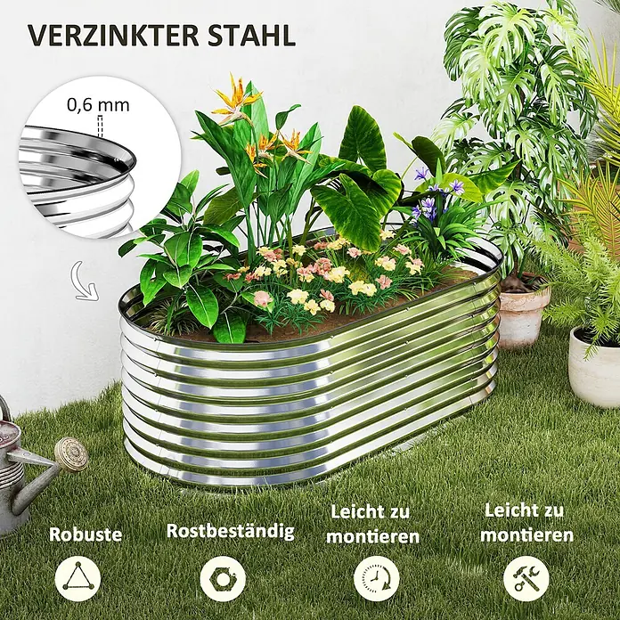 Outsunny Hochbeet - Stahl, Grau - Silbernes gewelltes Hochbeet mit Pflanzen, das 0,6mm verzinkten Stahl, Robustheit, Rostbeständigkeit und einfache Montage zeigt.