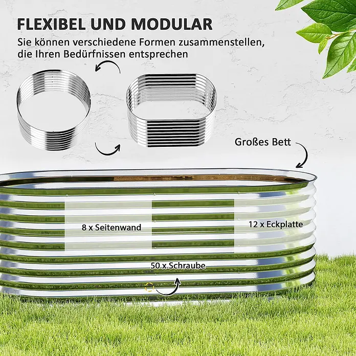 Outsunny Hochbeet - Stahl, Grau - Modulares silbernes Metall-Hochbeet mit Komponenten: Seitenwände, Eckplatten, Schrauben, zeigt flexible Montageoptionen.