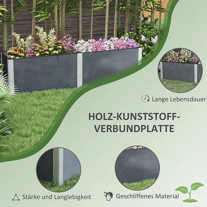 Furnicato Hochbeet - 200 x 50 x 56 cm, Verbundwerkstoff, Grau - Dunkelgraues Hochbeet aus Holz-Kunststoff-Verbundplatte, gefüllt mit bunten Blumen in einer Gartenumgebung.