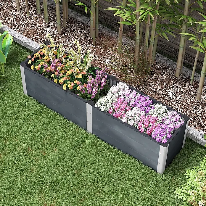 Furnicato Hochbeet - 200 x 50 x 56 cm, Verbundwerkstoff, Grau - Dunkelgraues modulares Hochbeet mit bunten Blumen, auf einem grünen Rasen im Garten platziert.