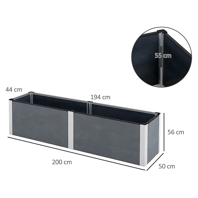 Outsunny Hochbeet - 200 x 50 x 56 cm, Aluminium, Grau - Dunkelgraues Hochbeet mit silbernen Stützen, ca. 200x50x56 cm.