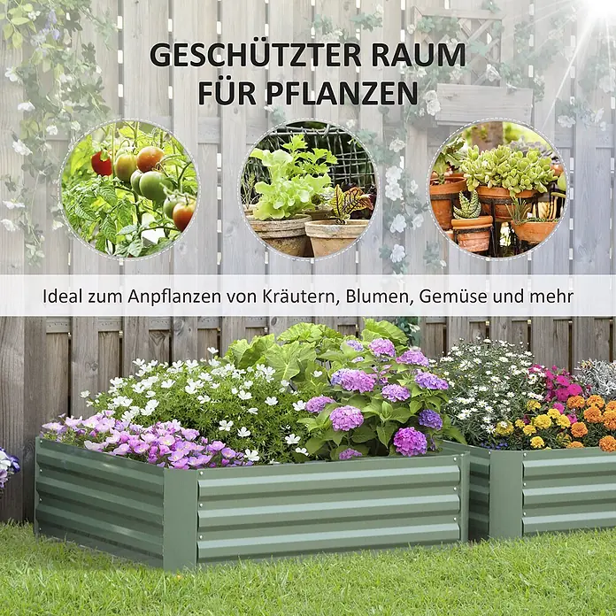 Furnicato Hochbeet - 100 x 100 x 30 cm, Stahl, Grün - Grüne gewellte Metall-Hochbeete im Garten, bepflanzt mit Blumen und Gemüse.