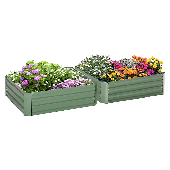 Furnicato Hochbeet - 100 x 100 x 30 cm, Stahl, Grün - Grüne, gewellte Metall-Hochbeete in L-Form, gefüllt mit bunten Blumen.