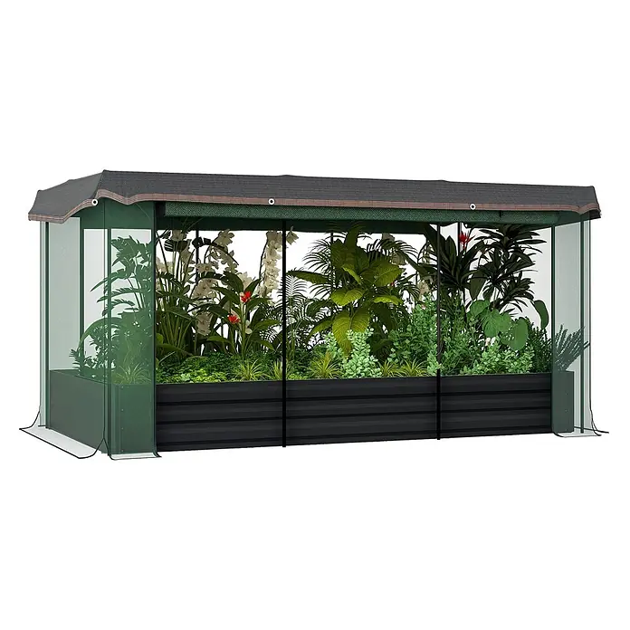 Outsunny Hochbeet - Stahl, Dunkelgrau - Schwarzes Hochbeet mit grünem Netzschutz, gefüllt mit verschiedenen Pflanzen.
