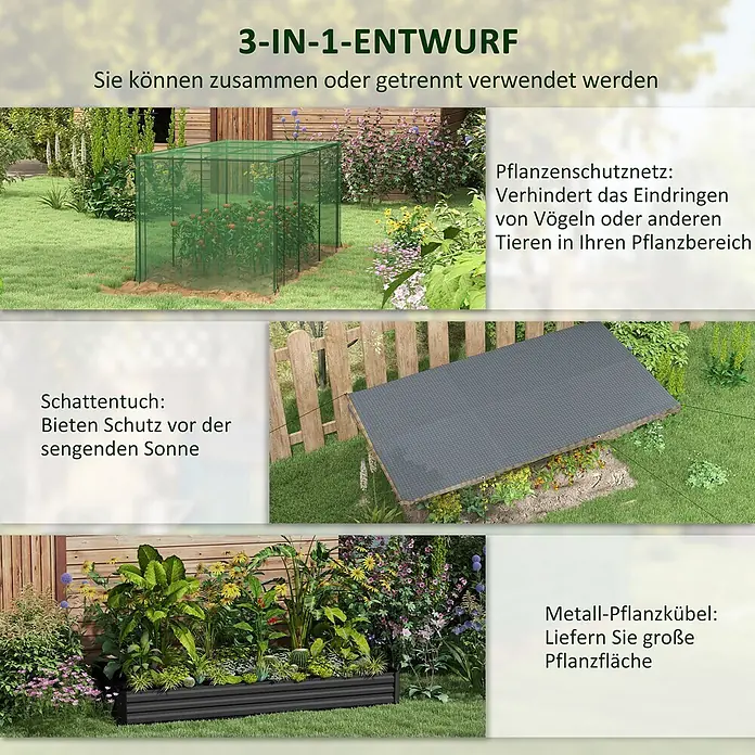 Outsunny Hochbeet - Stahl, Dunkelgrau - Ein 3-in-1 Gartensystem mit grünem Pflanzenschutznetz, grauem Schattentuch und schwarzem Metall-Hochbeet, einzeln verwendet.