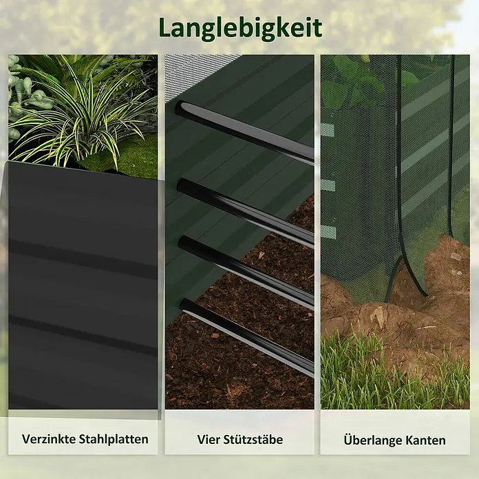 Outsunny Hochbeet - Stahl, Dunkelgrau - Langlebige Gartenstruktur aus dunkelgrauen, verzinkten Stahlplatten, mit Stützstäben und verlängerten Kanten.
