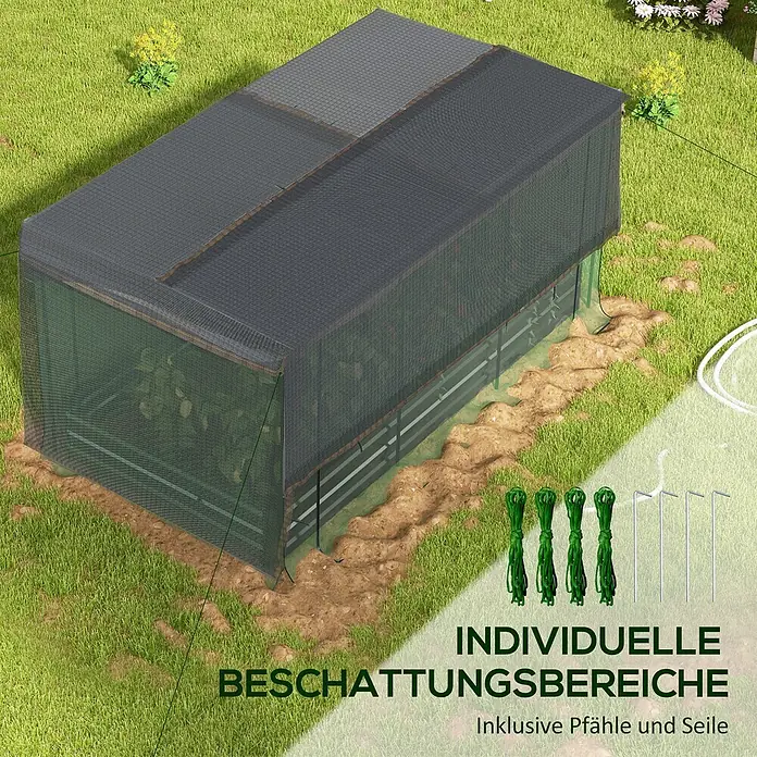 Outsunny Hochbeet - Stahl, Dunkelgrau - Dunkelgraues Netz als Schattierungsnetz über einem Gewächshaus, abgebildet mit grünen Seilen und Metallpfählen zur Installation.