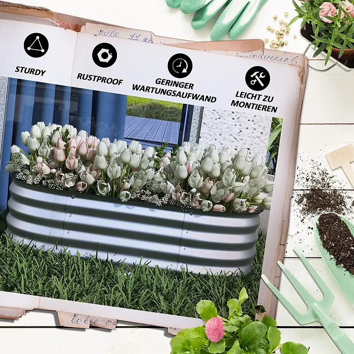Outsunny Hochbeet - Metall, Silber - Verzinktes Hochbeet gefüllt mit weißen und rosa Tulpen, beworben als robust, rostfrei, wartungsarm und leicht montierbar.