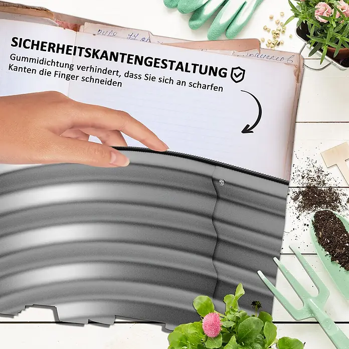 Outsunny Hochbeet - Metall, Silber - Hand berührt die schwarze Gummi-Sicherheitskante eines grauen Wellblech-Hochbeets, die vor scharfen Kanten schützt.