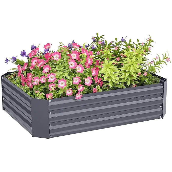 Outsunny Hochbeet Blumenkasten - Stahl, Dunkelgrau - Dunkelgraues Metall-Hochbeet mit gerippten Paneelen, gefüllt mit bunten rosa und lila Blumen und grünen Pflanzen.