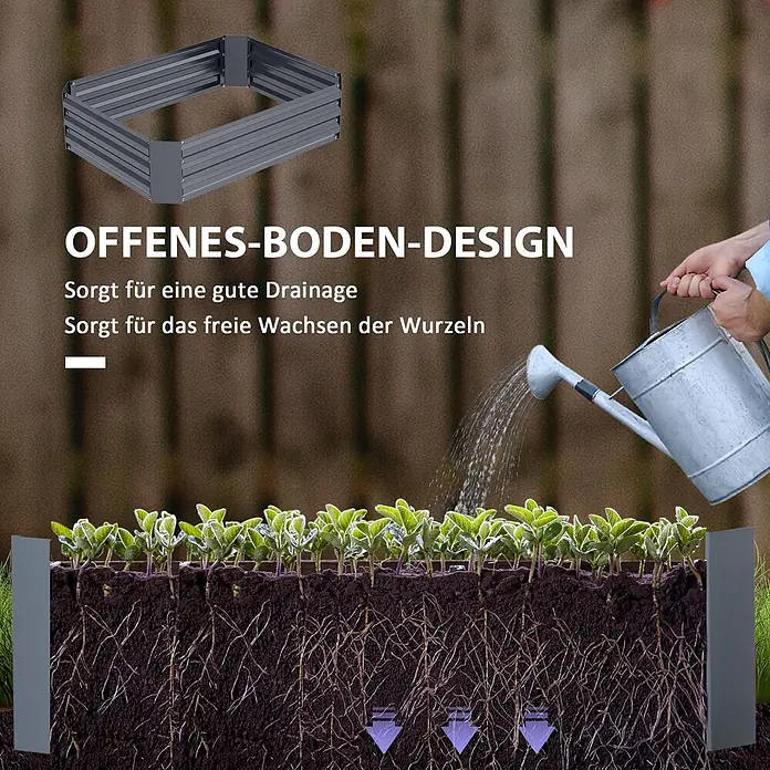 Outsunny Hochbeet Blumenkasten - Stahl, Dunkelgrau - Graues Metall-Hochbeet mit offenem Boden für optimale Drainage und Wurzelwachstum, abgebildet mit Pflanzen im Garten.