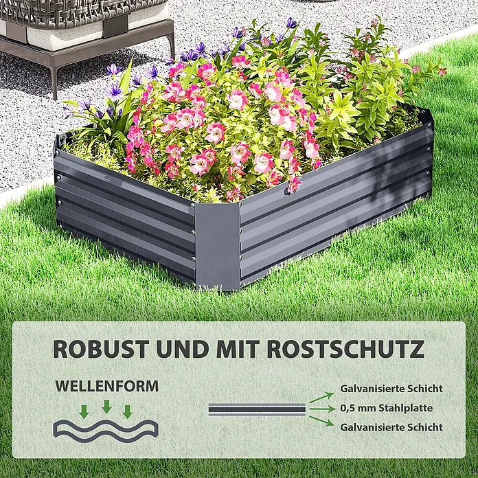 Outsunny Hochbeet Blumenkasten - Stahl, Dunkelgrau - Robustes, dunkelgraues Hochbeet aus gewelltem Metall, gefüllt mit rosa/lila Blumen auf Rasen. Aus verzinktem Stahl für Rostschutz und Stabilität.