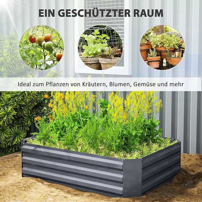 Outsunny Hochbeet Blumenkasten - Stahl, Dunkelgrau - Dunkelgraues Hochbeet aus Wellblech, mit grünen Pflanzen gefüllt. Ideal für Kräuter, Blumen und Gemüse.
