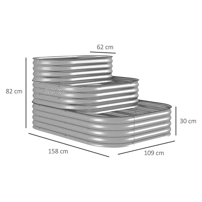 Outsunny Hochbeet - Metall, Silber - Gestuftes Hochbeet aus silbernem Wellblech mit drei Abschnitten und sichtbaren Maßen.