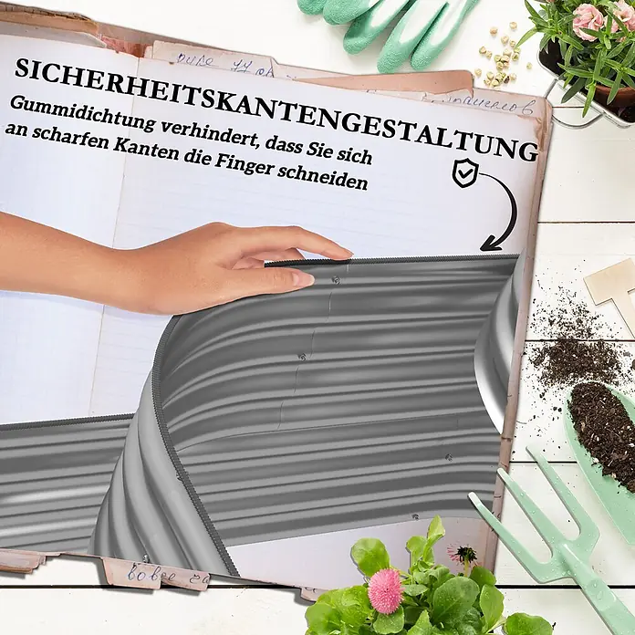 Outsunny Hochbeet - Metall, Silber - Graue Wellblech-Beeteinfassung mit schwarzem Gummischutzrand, von einer Hand berührt.