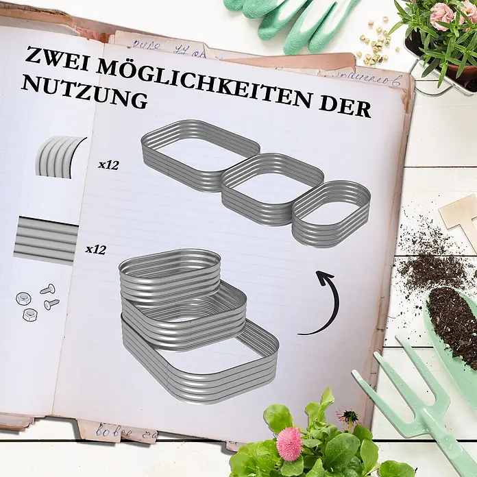 Outsunny Hochbeet - Metall, Silber - Verzinkte Stahl-Hochbeet-Komponenten mit Diagrammen für zwei Aufbauoptionen: ein langes verbundenes Beet oder ein gestapeltes Beet, auf einer Anleitungsseite.