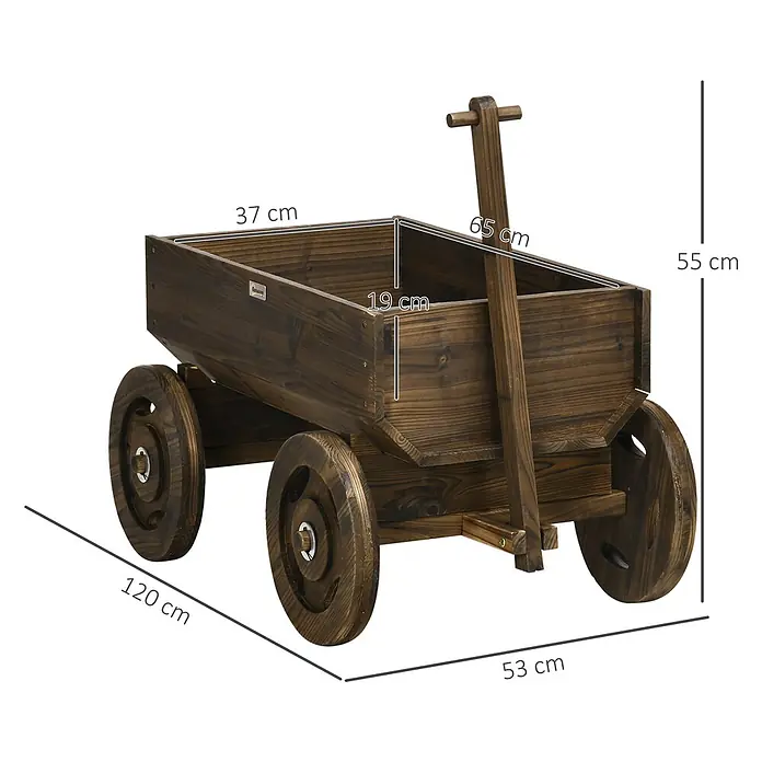 Outsunny Hochbeet - Holz, Verkohlt - Dunkelbrauner Holzgartenwagen mit Rädern und Zuggriff, Maße sind angezeigt.