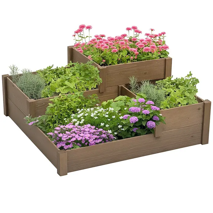 Outsunny Hochbeet - Holz, Braun - Gestuftes Hochbeet aus braunem Holz, bepflanzt mit verschiedenen grünen Pflanzen und bunten Blumen.