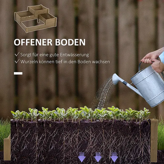 Outsunny Hochbeet - Holz, Braun - Gestuftes Hochbeet aus Holz mit offenem Boden, für tiefe Wurzeln und gute Entwässerung.