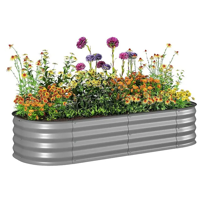 Outsunny Hochbeet - Stahl, Silber - Silbernes Hochbeet aus Wellblech, gefüllt mit lebhaften, vielfältigen Blumen.