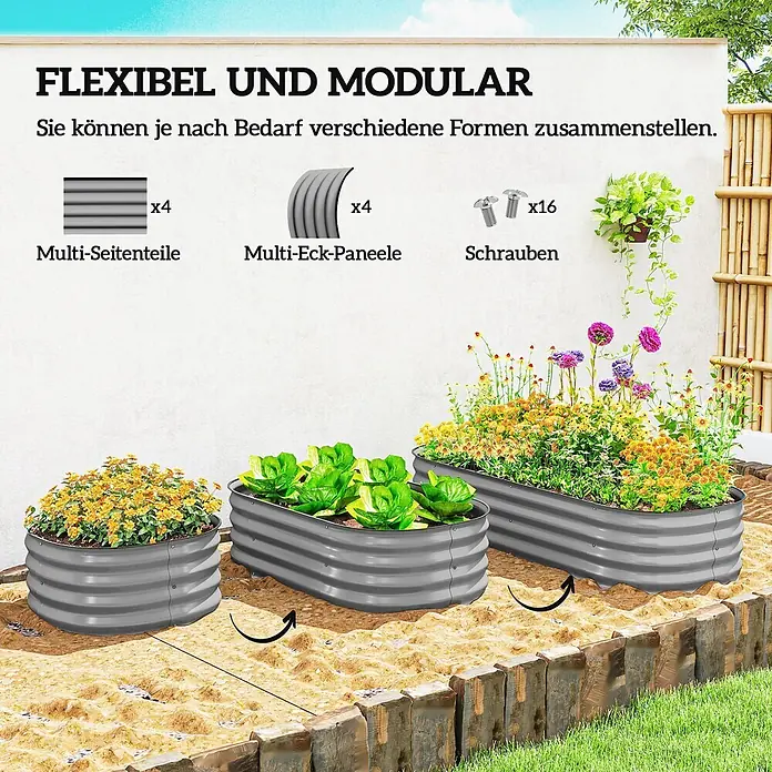 Outsunny Hochbeet - Stahl, Silber - Flexible, modulare Hochbeete aus grauem Wellblech mit gezeigten Bauteilen zur individuellen Gestaltung verschiedener Formen.