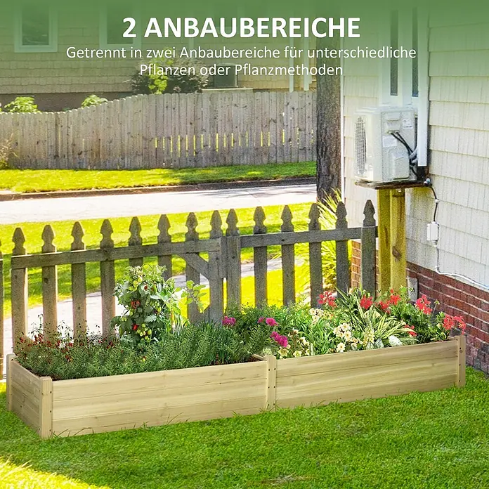 Outsunny Hochbeet - Holz, Naturholz - Zwei helle Hochbeete aus Holz mit verschiedenen Pflanzen im Garten, mit zwei separaten Anbauflächen.