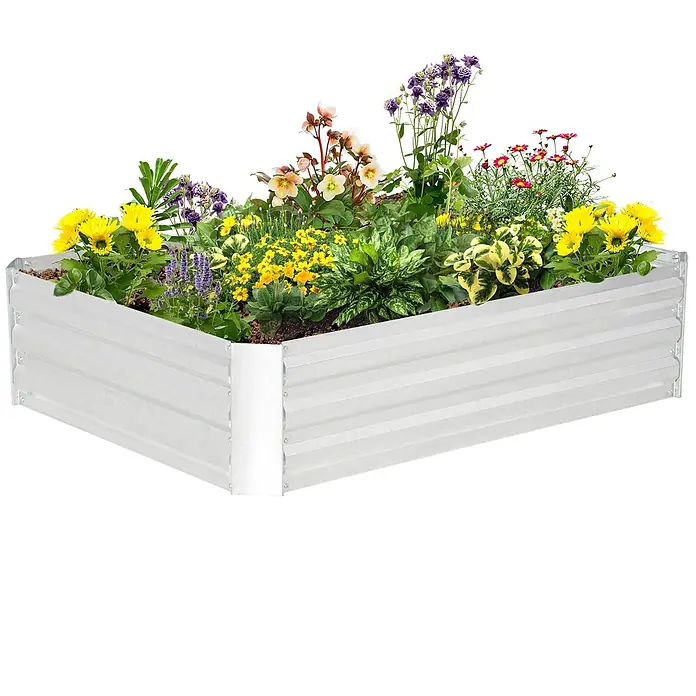 Furnicato Hochbeet verzinkter Stahl - 120 x 90 x 30 cm, Stahl, Silber - Silbernes Hochbeet aus Wellblech, gefüllt mit bunten Blumen und Pflanzen.