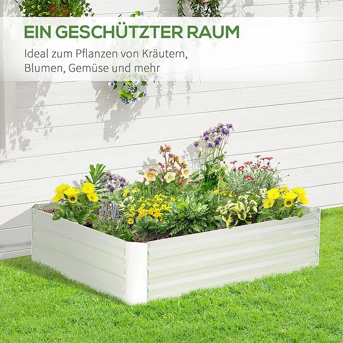 Furnicato Hochbeet verzinkter Stahl - 120 x 90 x 30 cm, Stahl, Silber - Rechteckiges, helles Hochbeet aus Metall, gefüllt mit bunten Blumen und Pflanzen.